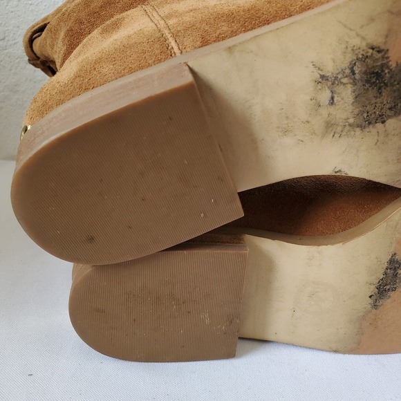 Michael Kors Logo Plate Rhea Brown Suede Boots Mid Calf Pull On Womens 5.5M US - Picture 11 of 14